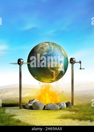 Die Erde wurde auf einem Lagerfeuer als Metapher für den Temperaturanstieg des Planeten gekocht. Digitale Illustration. Stockfoto