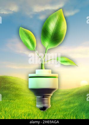 Grüne Blätter an einer Energiesparlampe. Digitale Illustration. Stockfoto