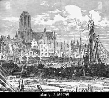 Eine Illustration aus dem späten 19. Jahrhundert über den Main (einem Nebenfluss des Rheins) nach Frankfurt, alias Frankfurt am Main im Bundesland Hessen. Frankfurt, eine freie Stadt, verlor nach dem Preußischen Krieg 1866 seine Unabhängigkeit, als Preußen mehrere kleinere Staaten annektierte, darunter die Freie Stadt Frankfurt. Stockfoto