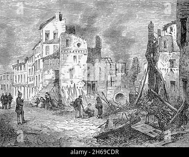 Eine Illustration der Ruinen von Thionville im nordöstlichen französischen Departement Moselle am linken Ufer der Mosel aus dem späten 19. Jahrhundert. Nach dem Deutsch-Französischen Krieg von 1870 wurde das Gebiet Elsass-Lothringen 1871 durch den Frankfurter Vertrag vom neu geschaffenen Deutschen Reich annektiert und zum Reichsland. Stockfoto