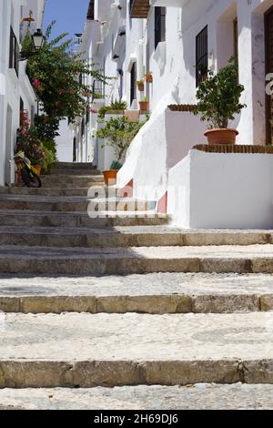 Schönes Dorf Frigiliana, Südspanien Old Morisco Quarter Blick auf eine enge steile Gasse mit Stadthäusern und Blumen Vertikale Aufnahme Stockfoto