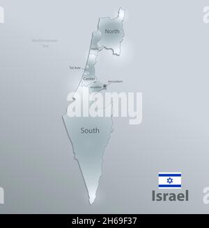 Israel Karte und Flagge, administrative Teilung, trennt Regionen und Namen, Design Glaskarte 3D-Vektor Stock Vektor