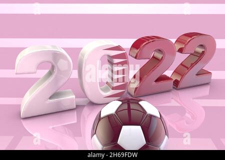 3D-Illustration für 2022 und Fußball. 3D-Kugel und Zahlen 2022 in Burgund und lila Farben mit einem glänzenden Finish Stockfoto