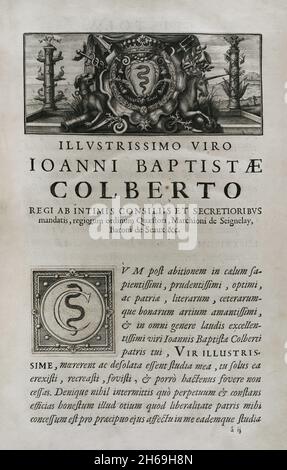 Illustrisimo Viro Ioanni Baptistae Colberto, marquis de Seignelay (1651-1690). „Marca Hispanica sive limes hispanicus“. Buch in lateinischer Sprache von Pierre de Marca (1594-1662). 1656 wurde er mit der Formalisierung des Grenzvertrages zwischen den Königreichen Frankreich und Spanien beauftragt, eine Aufgabe, die sich in dieser Sammlung von fünf Büchern widerspiegelt und die Franzosen auf die annektierte Provinz Katalonien im Jahr 1641 aufmerksam machte. Etienne Baluze vergrößerte und editierte sie. Veröffentlicht in Paris von François Muguet im Jahr 1688. Historische Militärbibliothek von Barcelona. Katalonien, Spanien. Stockfoto