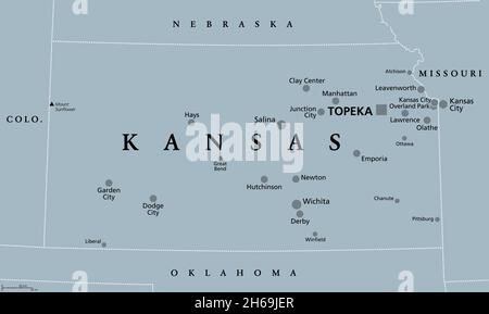 Kansas, KS, graue politische Karte, mit der Hauptstadt Topeka und den größten Städten. Staat im Mittleren Westen der Vereinigten Staaten von Amerika, der Sunflower State. Stockfoto