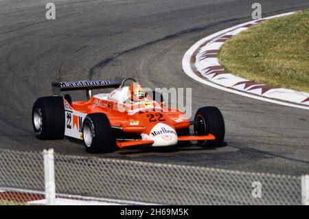 Imola, 1980: Tests der Formel 1 auf dem Imola Circuit. Bruno Giacomelli in Aktion auf Alfa Romeo 179c. Stockfoto