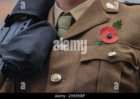 Am 14. November 2021 wurde ein Mohnblumen an einen Randalierten während der Gedenkfeier am Remembrance Sunday Tributes am war Memorial in Victoria Gardens Leeds, West Yorkshire, Großbritannien, geheftet. Stockfoto