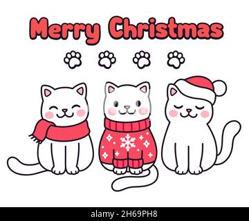 Niedliche Cartoon-Katzen im Weihnachtspullover, Schal und Hut mit Text Frohe Weihnachten. Kawaii-Grußkarte. Vektorgrafik Clip Art Illustration. Stock Vektor