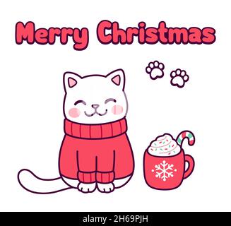 Niedliche Cartoon-Katze in roten Pullover mit Tasse heiße Schokolade und Text Frohe Weihnachten. „Kawaii Holiday“-Grußkarte. Vektorgrafik Clip Art Illustration. Stock Vektor