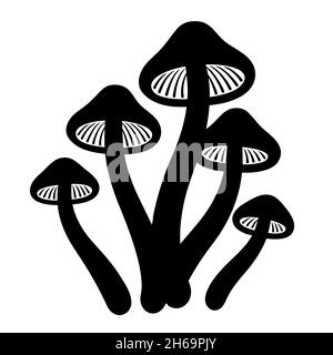 Magische Pilze Psilocybe cubensis. Schwarz-Weiß-Zeichnung. Vektorgrafik Clip Art Illustration. Stock Vektor