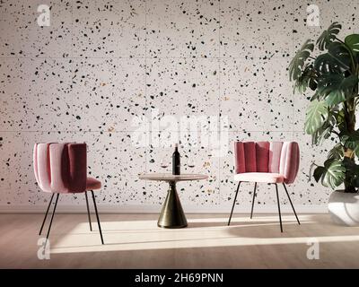 Pink Cahir neben dem Tisch in farbenfroher Wohnzimmerausstattung mit Terrazzo-Wandfliesen. 3D-Illustration Stockfoto