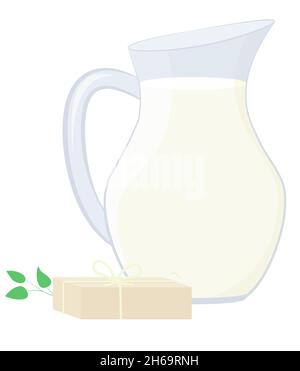 Naturseife mit Ziegenmilch und Glaskrug isoliert auf weiß. Handgefertigte Schönheitsbehandlung. Stock Vektor