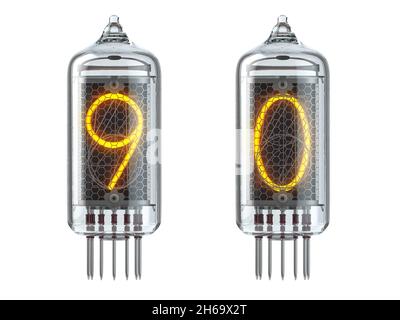 Nixie-Röhrenanzeige isoliert auf Weiß. Zahl 9 neun und 0 Null. 3d-Illustration Stockfoto