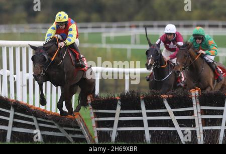 Conor Maxwell (links) kommt nach Hause, um die Handicap-Hürde der Pertemps Network Group auf der Pferderennbahn Punchestown in der Grafschaft Kildare, Irland, zu gewinnen. Bilddatum: Sonntag, 14. November 2021. Stockfoto