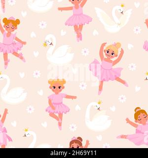 Cartoon kleine Ballerina Mädchen und Schwäne nahtlose Muster. Feenprinzessin in rosa Kleidern tanzendes Ballett. Nette Tänzer für Vektor-Tapete Stock Vektor