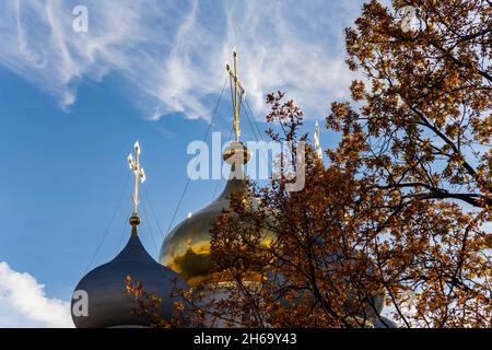 Nowodewitschy Kloster (Bogoroditse-Smolenski Kloster) an einem sonnigen Tag. Die Kuppeln der Kathedrale unserer Lieben Frau von Smolensk (16. Jahrhundert). Moskau, Russi Stockfoto