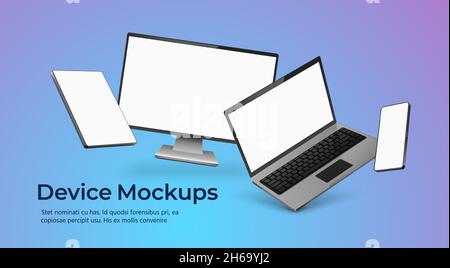 Geräteposter mit schwebenden realistischen Gadgets Mockup mit leeren Bildschirmen. 3d-Telefon, Laptop, Monitor und Tablet. Intelligente Technologie Vektorszene Stock Vektor