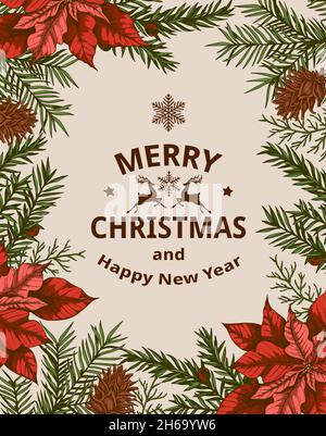 Vintage Weihnachtskarte mit immergrünen Pflanzen und roten Weihnachtsblumen. Dekorativer Hintergrund für Weihnachten und Neujahr. Von Hand gezeichnet Stockfoto