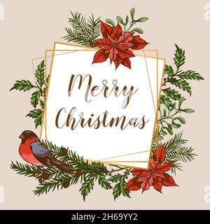Vintage-Weihnachtskarte mit immergrünen Pflanzen, Blumen und Stierfinkenvögeln. Dekorativer Hintergrund für Weihnachten und Neujahr. Von Hand gezeichnet Stockfoto