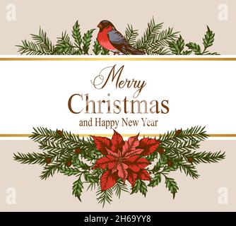 Vintage-Weihnachtskarte mit immergrünen Pflanzen, roten Blumen und Bullfinkenvögeln. Dekorativer Hintergrund für Weihnachten und Neujahr. Von Hand gezeichnet Stockfoto