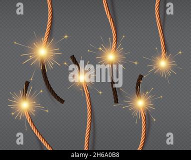 Realistische brennende Feuerküken, beleuchtete Dynamit-Sicherungen. Feuerwerkskörper oder Feuerwerk verdrehte Seile mit Flammen. Beleuchtete Sicherungsschnur von Bomben, Vektorset Stock Vektor