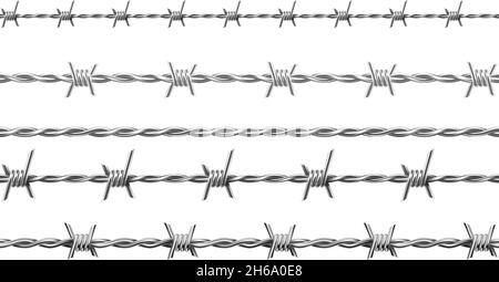 Realistischer Stacheldraht aus Metall, nahtlose Ränder mit Spikes. Gefängnis- oder Armeezaun-Schutz mit Widerhaken. Boundary Defence Barbwire Vektorset Stock Vektor