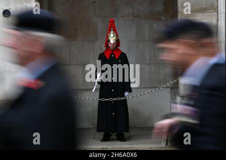 Ein Mitglied der Blues and Royals steht Wache, während Veteranen an der Horse Guards Parade während des Gedenksonntags im Cenotaph in Whitehall, London, vorbeimarschieren. Bilddatum: Sonntag, 14. November 2021. Stockfoto