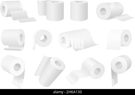 Realistisches weißes Toilettenpapier und Küchenhandtuchrollen. Hygienetücher für 3d-Zylinder mit Schlauch. Badezimmer Papier Taschentücher Produkt mockup Vektor-Set Stock Vektor
