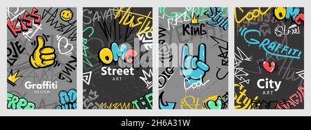 Abstrakte Street Art-Poster mit Graffiti-Slogans. Urban Wall Spray malen Zeichnungen und Spritzer. Cool Cover Anarchie Designs Vektor-Set Stock Vektor
