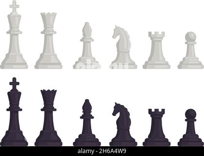 Cartoon schwarz-weiße Schachfiguren Symbole. Flache Schachfiguren, Königin und König, Pferd, Rotte, Bischof und Bauer. Strategie Spiel Figuren Vektor gesetzt Stock Vektor