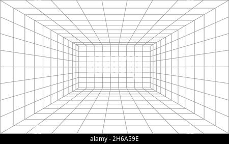 3d-perspektivische Linienraster, Drahtgitterraum-Hintergrund. Futuristischer Cyberbox-Raum. Cyber, virtuelle Oberfläche Stock Vektor