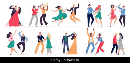 Cartoon-Paare tanzen in Club, Tango, Walzer und Swing. Mann und Frau mit Trainingslektionen Vektor Stock Vektor