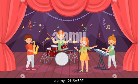 Cartoon Kinder Musikband auf Theaterbühne mit Vorhang. Jungs spielen Schlagzeug und Saxophon, Mädchen singen Stock Vektor