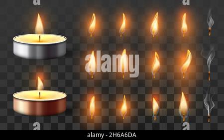 Realistische Teekerzen mit brennender Flamme und erloschtem Docht. Realistisch leuchtendes Kerzenlicht in Metallgehäuse Stock Vektor