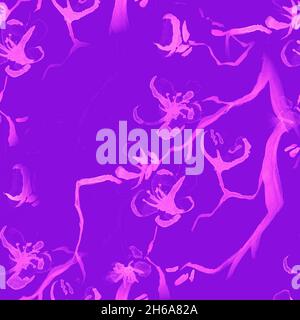Blossom Aquarell. Leuchtend Violette Kirschblüte. Orientalische Chinesische Zeichnung. Nahtlose Hochzeit Hintergrund. Blossom Aquarell. Leuchtendes Pink Im Frühlingsstil. Stockfoto