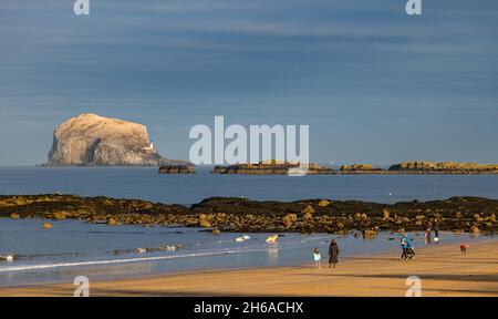 Menschen, die am Sandstrand von Milsey Bay mit Bass Rock am Horizont, North Berwick, East Lothian, Schottland, Großbritannien, spazieren gehen Stockfoto