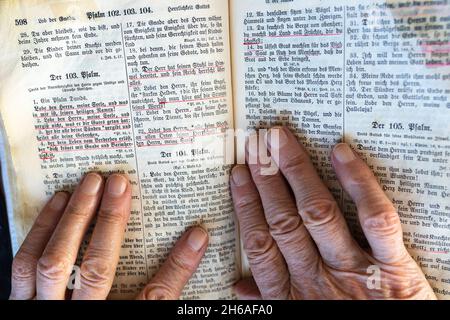 Meine Mutter/Großmutter, 94 Jahre alt, liest Psalm 103 in ihrer Bibel. Alte deutsche Schrift. Das Konzept der Lehren Jesu. Stockfoto