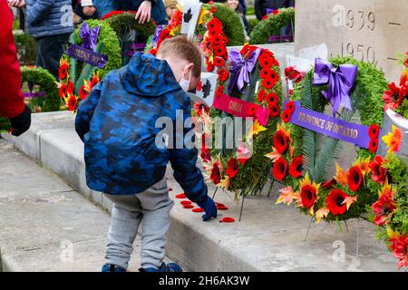 Nach der Zeremonie zum Gedenktag 2021 legen die Menschen ihre Mohnblumen ab und zollen dem Kenotaph ihren Respekt. Cambridge, Ontario, Kanada. Stockfoto