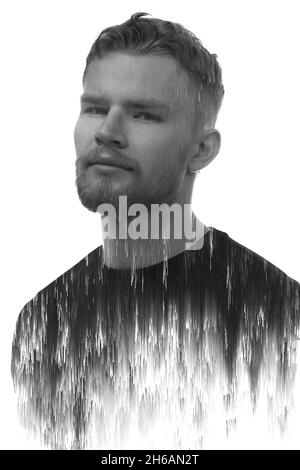 Ein Schwarz-Weiß-Porträt eines Mannes kombiniert mit einer digitalen Illustration. Stockfoto