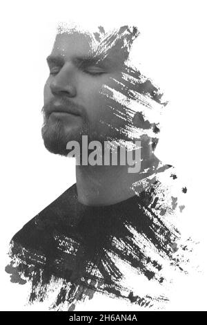 Ein schwarz-weißes Porträt eines Mannes kombiniert mit schwarzen Striche. Paintographie. Stockfoto