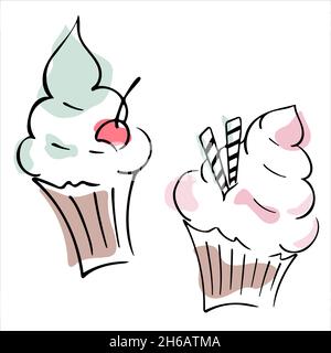 Set von handgezeichneten Vektor-Cupcakes im Doodle-Stil Stock Vektor