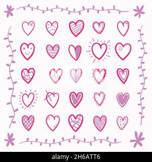 Handgezeichnete niedliche rosa Herzen Vektor-Set. Stock Vektor