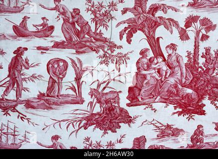 'Paul and Virginie', Furnishing Fabric, Frankreich, 1802. Entworfen von Jean Baptiste Huet nach dem Stich von Abraham Girardet nach der Zeichnung von Jean-Michel Moreau dem Jüngeren, nach der Geschichte von Bernardin de Saint-Pierre, hergestellt von der Manufaktur Oberkampf. Stockfoto