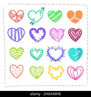 Handgezeichnete erstaunliche bunte Herzen Vektor Stock Vektor