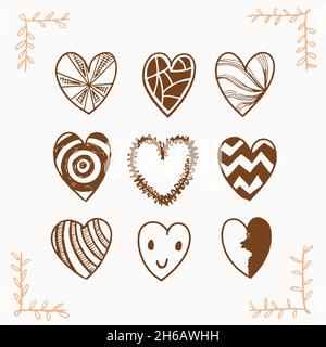 Handgezeichnetes niedliches braunes Herz-Vektor-Set. Stock Vektor