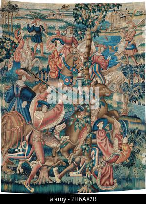 Tapestry (Bärenjagd und Falknerei aus einer Jagd-Serie), Belgien, c. 1525. Stockfoto