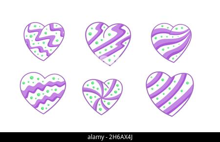 Sechs von Hand gezeichnete lila und grüne Herzen. Hervorragend für Schriftzüge und Dekorationen geeignet. Stock Vektor
