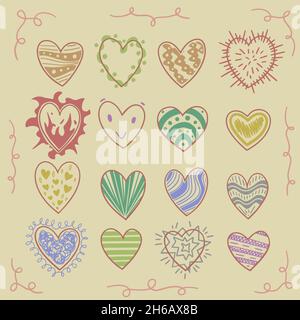 Sechzehn handgezeichnete, altmodische, bunte Herzen. Perfekt für Poster, Schriftzüge und Herzliebhaber. Stock Vektor