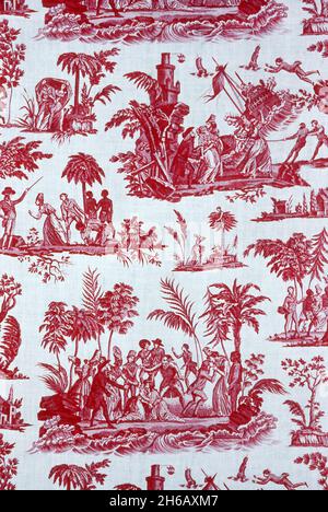 „Paul and Virginie“ Furnishing Fabric, Nantes, c. 1795. Szenen aus der Geschichte von Bernardin de Saint-Pierre, hergestellt von Petitpierre et Cie. Stockfoto