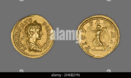 Aureus (Münze) mit Kaiser Caracalla, 204 (Januar-April), herausgegeben von Septimius Severus. Stockfoto